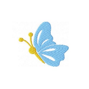 Puede incluir: Una mariposa azul con antenas amarillas. La mariposa está en un diseño simple y estilizado.