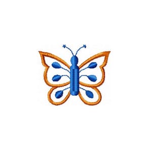 May include: Embroidered butterfly design in shades of blue and orange. The butterfly has a detailed outline and is centered on a white background. The wings have a unique shape, and the antennae are visible.