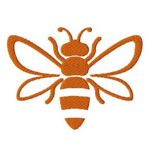 May include: An orange bee silhouette with wings outstretched. The bee has a striped abdomen.