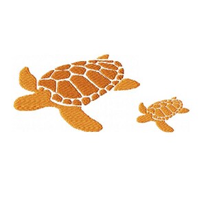 May include: Two orange sea turtles, one larger than the other, are swimming in a white background. The turtles are outlined in white.