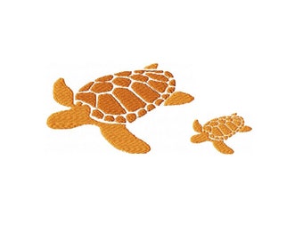 May include: Two orange sea turtles, one larger than the other, are swimming in a white background. The turtles are outlined in white.