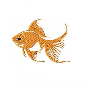 May include: Embroidered image of a goldfish in shades of orange and gold. The fish has a detailed design with flowing fins and tail, and a black eye. The design is on a white background.