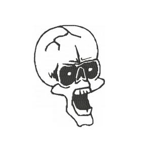 May include: Black and white embroidered skull design with an open mouth and visible teeth. The skull has large eye sockets and a cracked top. This design is suitable for patches, apparel, or other craft projects.