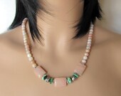 Natural pink Peruvian opal necklace with turquoise and handmade Native American bench beads, pink opal gemstone necklace, Navajo pearls