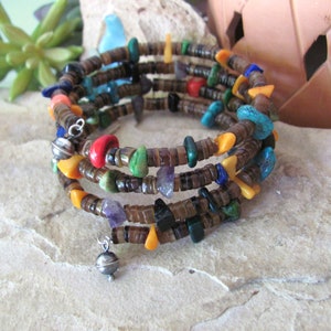 Mixed gemstone treasure bracelet, handmade retro vintage heishi southwest confetti bracelet with Navajo pearl drop