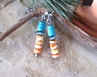 Spiny oyster and turquoise earrings, sterling silver dangle, orange spiney shell heishi, western southwestern jewelry