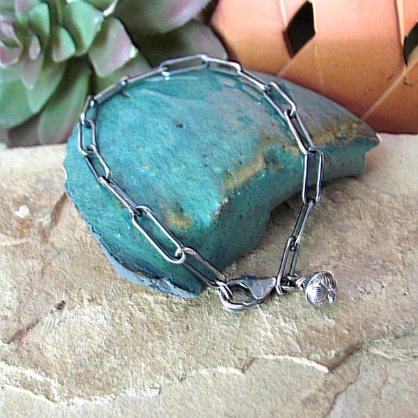 Paper clip chain bracelet, handmade southwestern minimal oxidized sterling silver oval link layering bracelet with vintage Navajo pearl drop