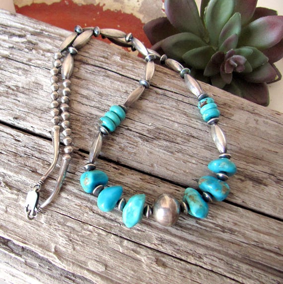 Turquoise Necklace, Natural Sky Blue Nuggets, Authentic Old Pawn - Main Image