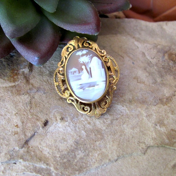 Antique cameo brooch, small oval scenic hand carved shell in gold frame, vintage jewelry gift