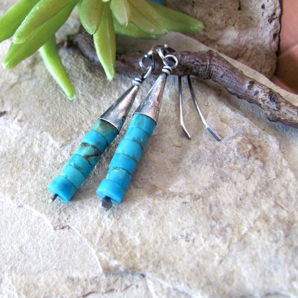 Turquoise heishi earrings, dangle, sterling silver and vintage Sleeping Beauty turquoise stones
