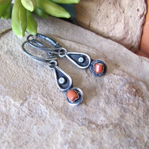 Small vintage coral earrings, natural red coral and 925 sterling silver dangle, southwest western jewelry image 10