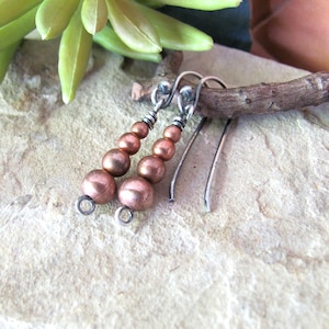 Small graduated copper Navajo pearl earrings, stacked bead dangle on 925 sterling silver hooks, mixed metal western southwestern jewelry