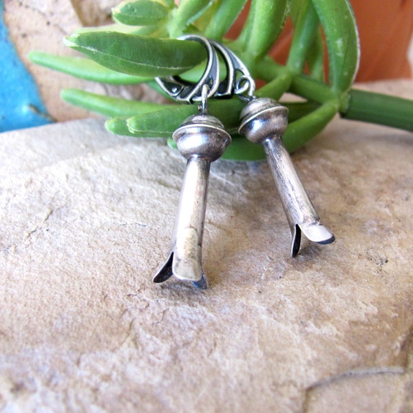 Squash blossom earrings, rustic sterling silver with old pawn finish, western American southwest jewelry