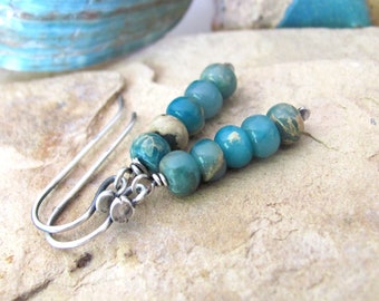 Ocean jasper earrings, gemstone stack, turquoise aqua California western coast beach jewelry, 925 sterling silver