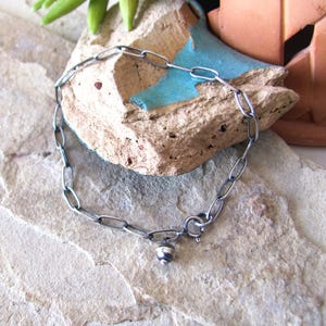 Paperclip chain bracelet, dainty sterling silver small oval link layering bracelet with Navajo pearl drop, oxidized old pawn finish