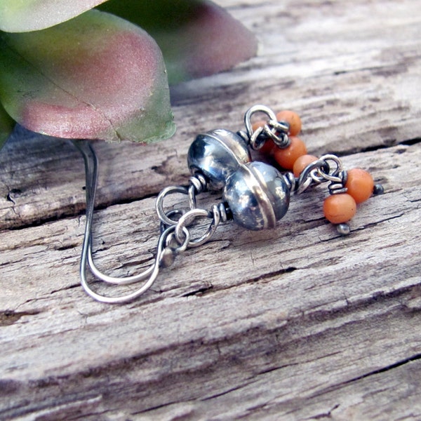 Navajo pearl earrings, sterling silver bench beads with vintage orange coral dangle, old pawn style jewelry