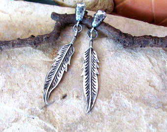 Sterling silver feather earrings, Navajo feather dangle, post stud, western southwest jewelry