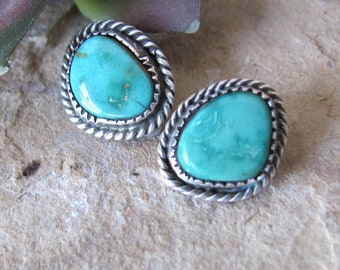 Natural turquoise earrings, small clip on gemstone old pawn southwest jewelry