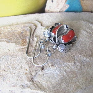 Small vintage coral earrings, natural red coral and 925 sterling silver dangle, southwest western jewelry image 4