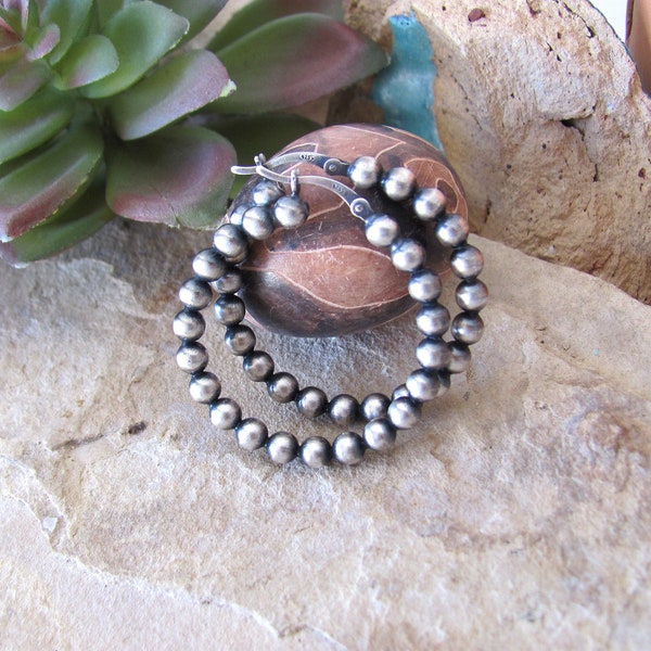 Navajo pearl earrings, 925 sterling silver bead hoops, old pawn finish, small minimal everyday western southwest jewelry