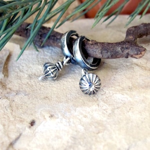 Minimal western earrings, small hogan beads on huggie hoops, sterling silver Navajo saucer pearls, southwestern jewelry