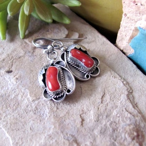 Small vintage coral earrings, natural red coral and 925 sterling silver dangle, southwest western jewelry image 2