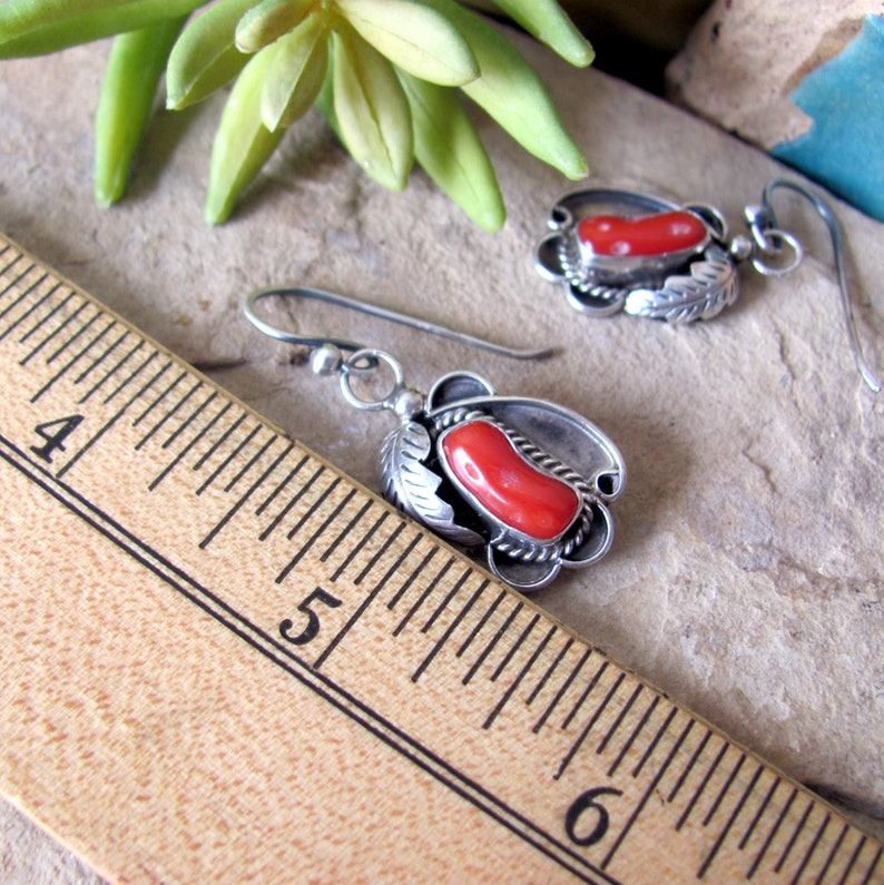Small vintage coral earrings, natural red coral and 925 sterling silver dangle, southwest western jewelry image 6