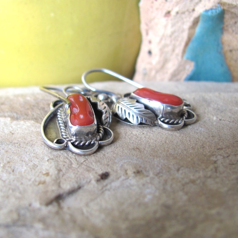 Small vintage coral earrings, natural red coral and 925 sterling silver dangle, southwest western jewelry image 7