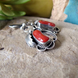 Small vintage coral earrings, natural red coral and 925 sterling silver dangle, southwest western jewelry image 3