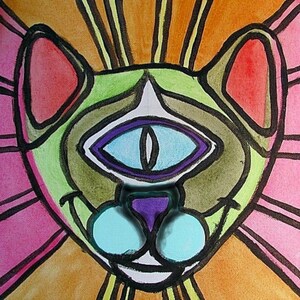 May include: A colorful, abstract painting of a cat's face with a single, large eye. The cat's fur is green, brown, and white, and its eye is blue with a purple outline. The background is a vibrant orange and pink.