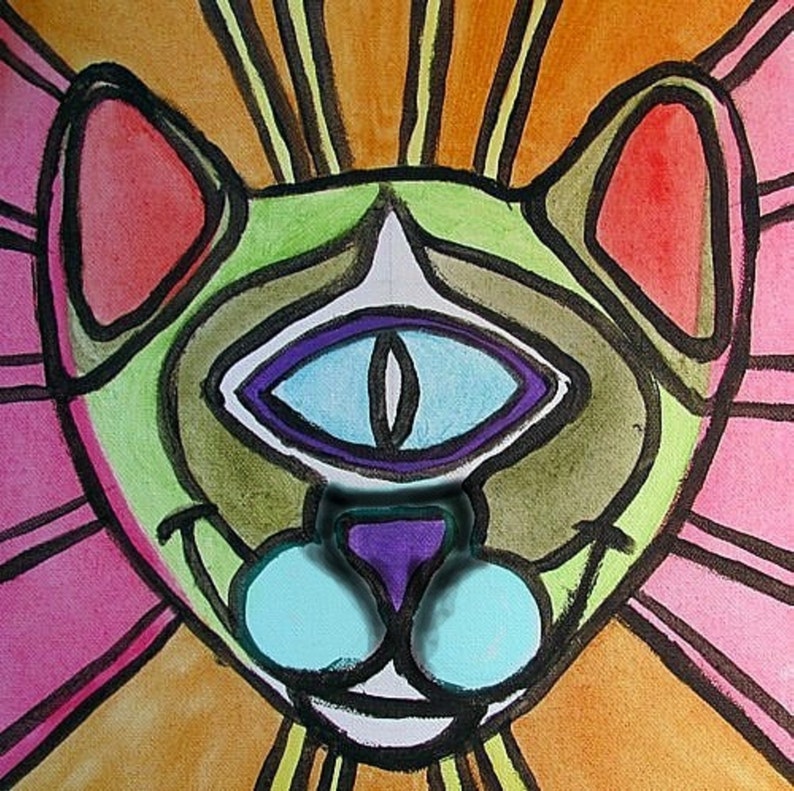 May include: A colorful, abstract painting of a cat's face with a single, large eye. The cat's fur is green, brown, and white, and its eye is blue with a purple outline. The background is a vibrant orange and pink.