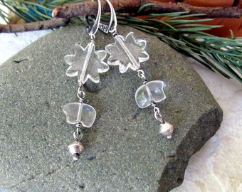 Western winter earrings, southwest winter snowflake with crystal stone bears and silver Navajo pearl drop