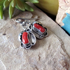 Small vintage coral earrings, natural red coral and 925 sterling silver dangle, southwest western jewelry image 1
