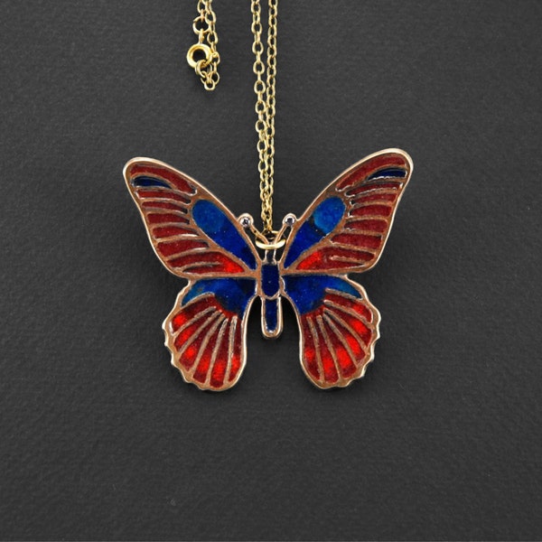 SAMPLE -40%, Insect Jewelry, Butterfly necklace, Bronze pendant, Glass enamel. Cobalt, red, ruby. Bug charm, Entomology, White zirconia OOAK