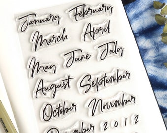 Script Month Journal Clear Stamp Set, 4x6in Photopolymer Planner Stamps with Number Stamps for Dates and Calendars