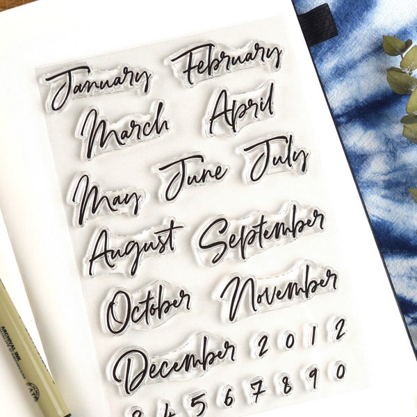 Script Month Journal Clear Stamp Set, 4x6in Photopolymer Planner Stamps with Number Stamps for Dates and Calendars