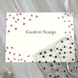 Confetti Stamps 4x4, Tiny Stars, Hearts, Diamonds and Circles, Penpal Gift, Clear Rubber Stamp Set