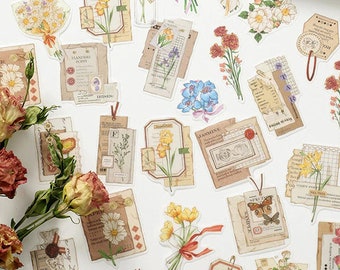 Collage Washi Stickers 30 pcs, Floral Junk Journal Ephemera, Vintage Botanical Journal Supplies Stickers