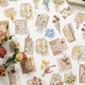 Collage Washi Stickers 30 pcs, Floral Junk Journal Ephemera, Vintage Botanical Journal Supplies Stickers