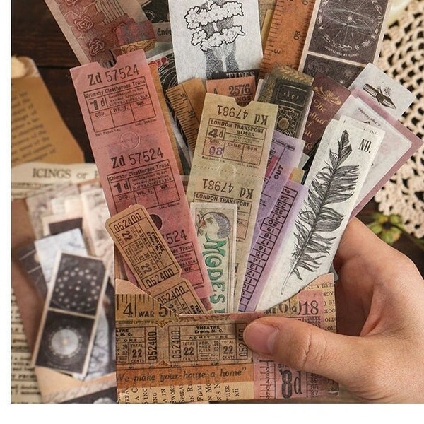 Junk Journal Supplies - Washi Bookmark Stickers 40 pcs, Vintage Astronomy, Ticket, Old Book, Bookmark Stickers