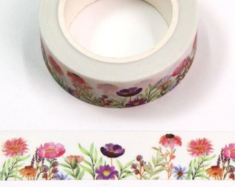 Flower Washi Tape, Pink and Red Floral Border Masking Tape, Botanical Art Style Journal Supplies for Planners