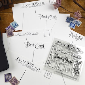 PostCard Stamp Set, DIY Postcard Kit, Clear Rubber Stamps, Postcrossing PenPal Gift, 4x4 in Photopolymer Cling Stamps, Vintage Style