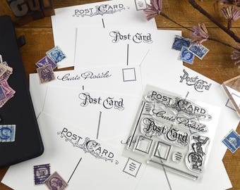PostCard Stamp Set, DIY Postcard Kit, Clear Rubber Stamps, Postcrossing PenPal Gift, 4x4 in Photopolymer Cling Stamps, Vintage Style
