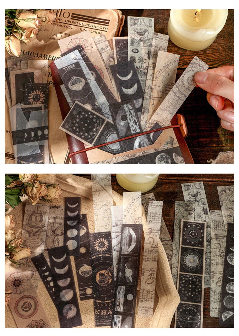 May include: A collection of vintage-style paper bookmarks with celestial and map-themed designs. The bookmarks feature illustrations of the sun, moon phases, and star charts in black and white. Some bookmarks have text, including the word "TIDES".