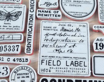 Vintage Label Stamps 35 pcs for Journaling Supplies, Tim Holtz Field Notes Cling Stamps Junk Journals, Art Journals - Stampers Anonymous