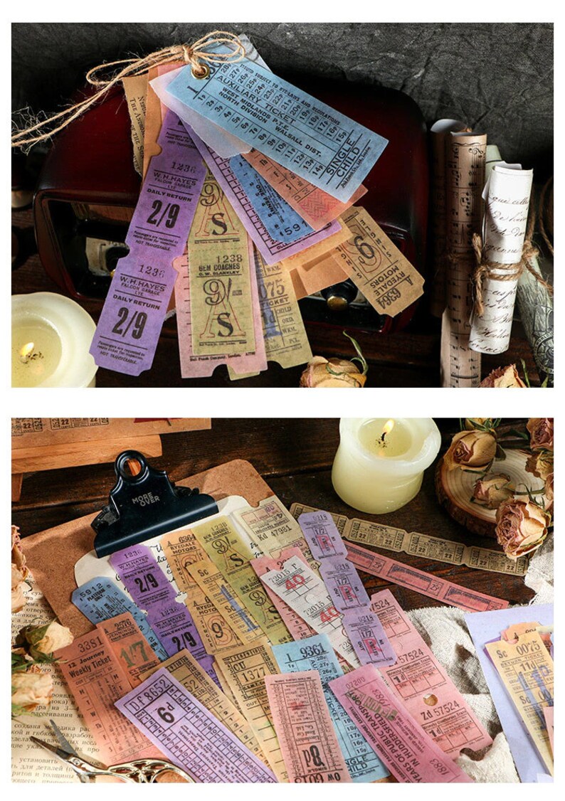 May include: A collection of vintage-style tickets in various colors, including purple, blue, and pink. Some tickets are tied together with twine. The tickets feature printed text and numbers, suggesting they are for travel or events.