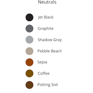 May include: A white background displays a color chart labeled "Color Choices Neutrals." The chart shows seven color swatches: Jet Black, Graphite, Shadow Gray, Pebble Beach, Sepia, Coffee, and Potting Soil.