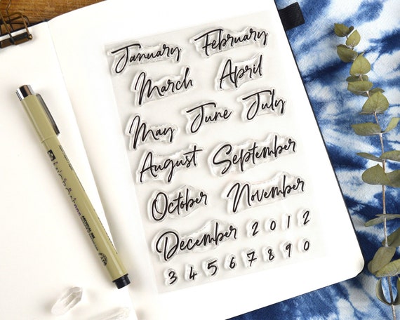 Script Month Journal Clear Stamp Set, 4x6in Photopolymer Planner Stamps with Number Stamps for Dates and Calendars