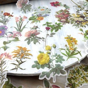 Flower Washi Stickers 60 pcs, Floral Junk Journal Ephemera, Vintage Botanical Stickers