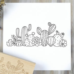 Timbre de bordure Cactus Row, tampon en caoutchouc pour jardin botanique succulent - un timbre à colorier nature d'été